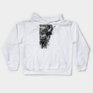 Black and White Watercolor-Half Faced Buffalo Kids Hoodie